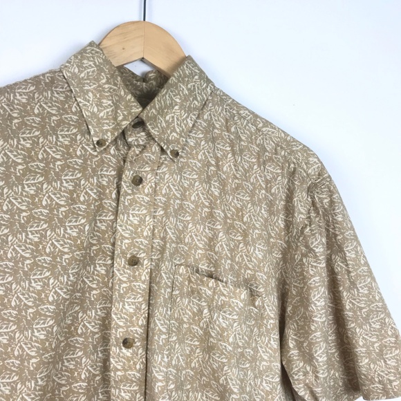 Tan Leaf Pattern Casual Button Down Date Shirt M - Picture 2 of 6